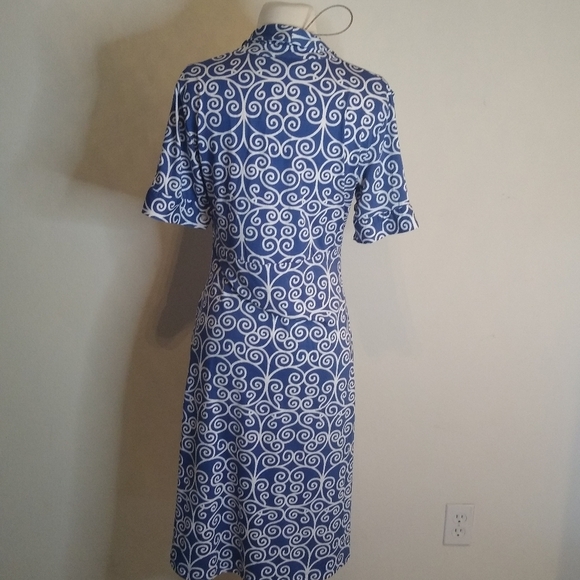 Scroll Chain Blue +White Midi Career Dress, Size Medium - Picture 3 of 7